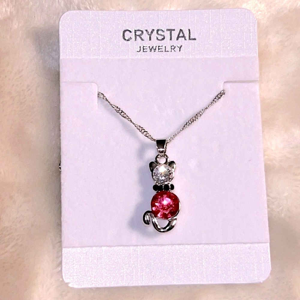NEW! ๐๐๐โโฌ 16-18โ PINK BLACK WHITE CRYSTAL EMBELLISHED SILVER KITTY CAT NECKLACE - Picture 7 of 9